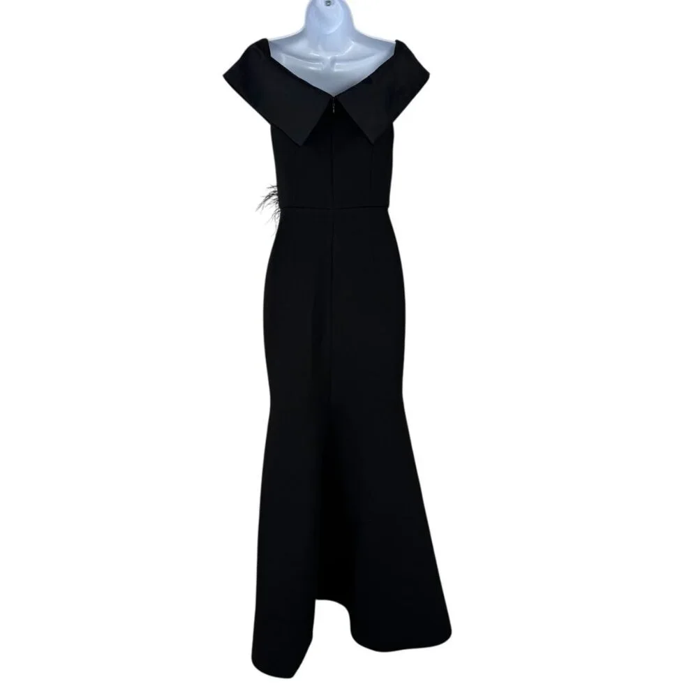 Eliza J Black Formal Gown Size 4 Feather Beading Elegant Black Tie Collar Party